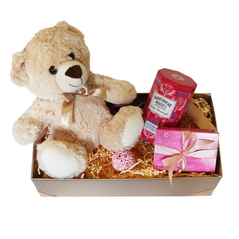 Pachet cadou pentru copii cu ursulet din plus , biscuiti si ciocolata
